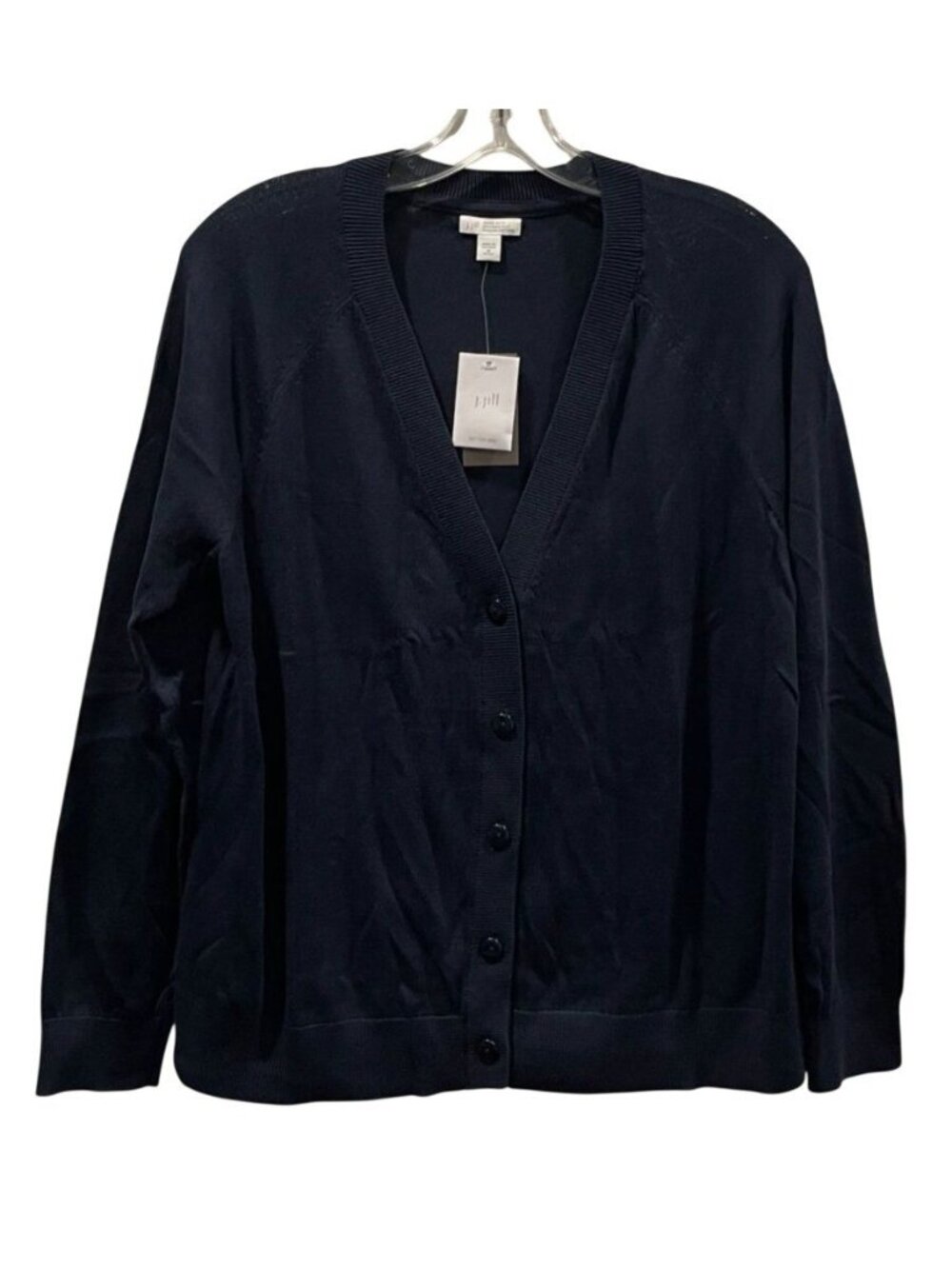 J Jill Cotton Blend Cardigan size PM Navy Blue Preppy Academia Layers Minimalist